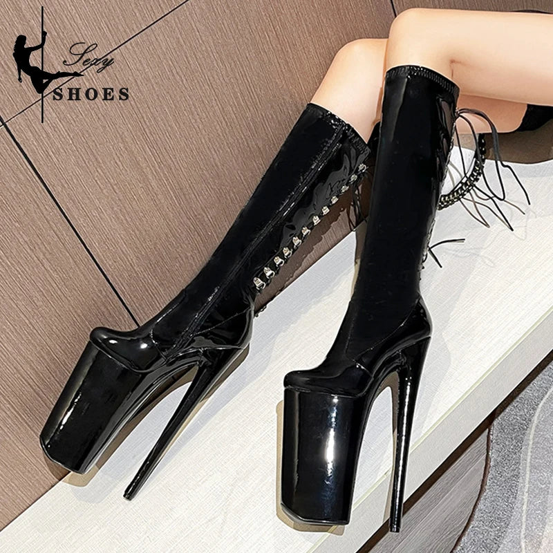 26cm High Heels Mid-Calf Red Black Women Boots Round Head Rear Strap Pole Dance Shoes Fashion Sexy Roman Style bota feminina