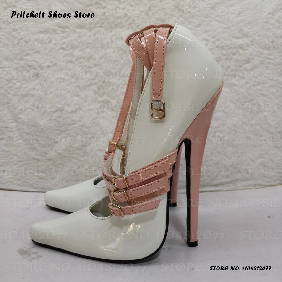 Women's Patchwork Buckled Leather Pumps Spring Summer Shallow Plus Size Stilettos Pointed Toe Thin High Heels Party Shoes