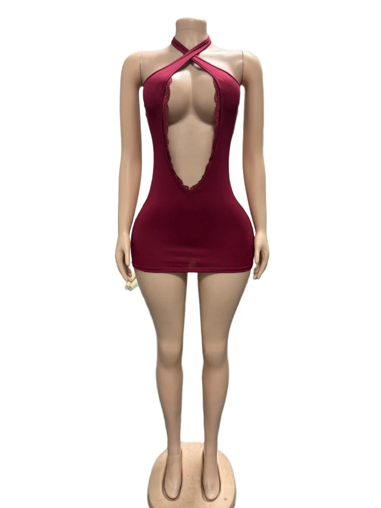 Sexy Women Dresses Halter Neck Lace Trim Front Hollow Sleeveless Skinny Clothing Midnight Club Party Bodycon Short Dress
