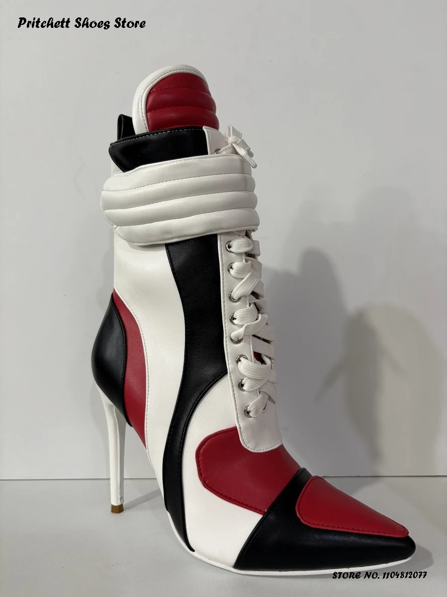 Women's Sports Style Stiletto Booties Patchwork Cross-tied Trending Ankle Boots Pointed Toe Thin Heels Side Zip Plus Size Shoes