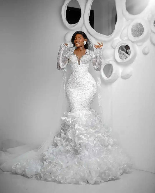 Luxury Mermaid Wedding Dress Beads Pearls Long Sleeve Ruffles Train Bridal Gowns Dubai Elegant Customized