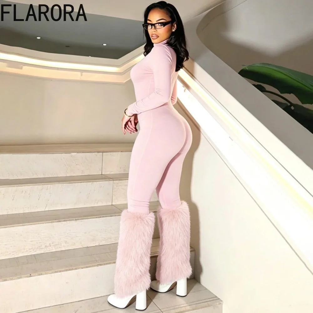 FLARORA Sexy Faux Fur Patchwork Jumpsuits Woman Turtleneck Full Sleeve Skinny Peach Hip Jumpsuit Midnight Party Club Overalls