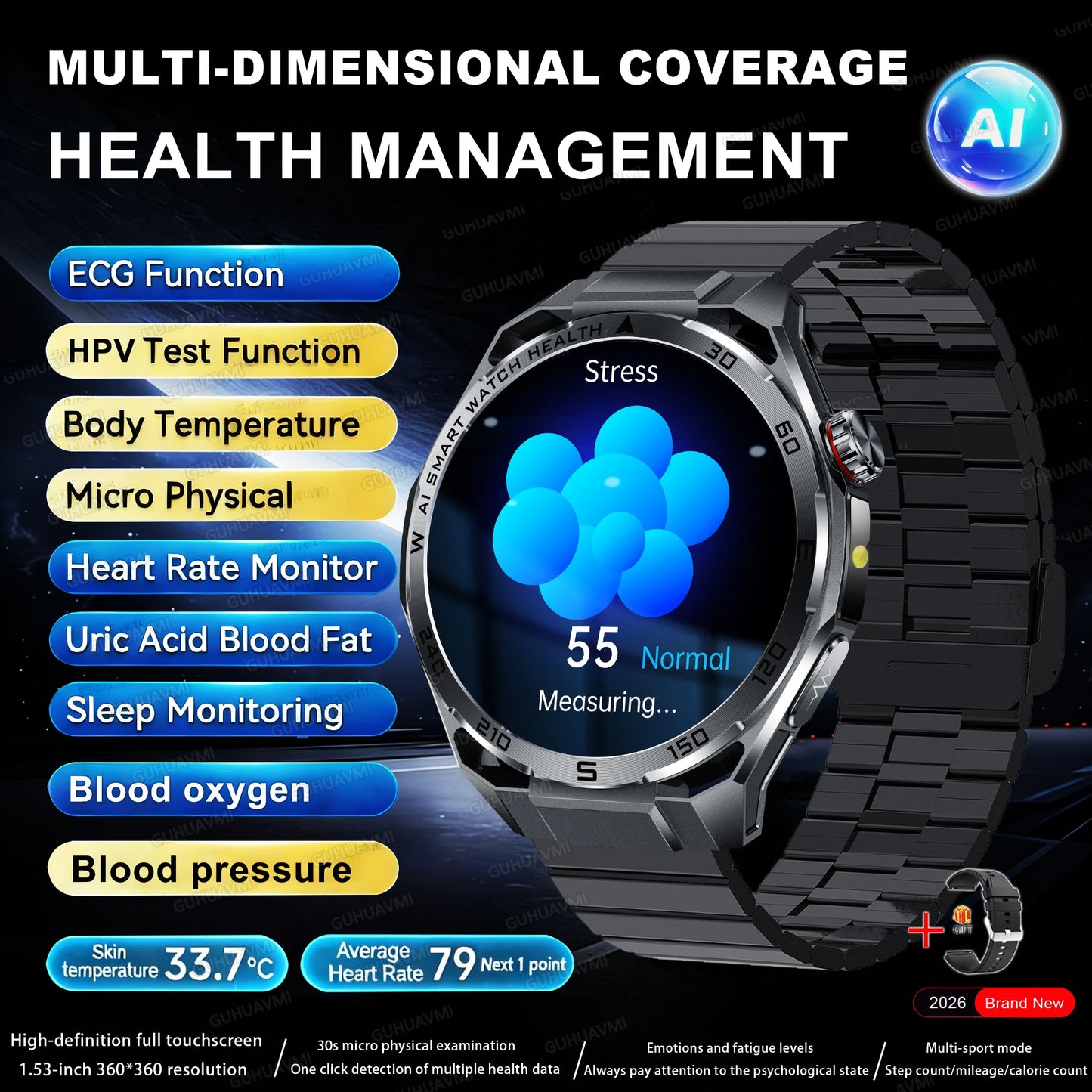 2026 New ECG+PPG Body Fat Analysis Health Smart Watch Uric Acid BP Blood Oxygen Bluetooth call Sports Smart Watch For Men Women
