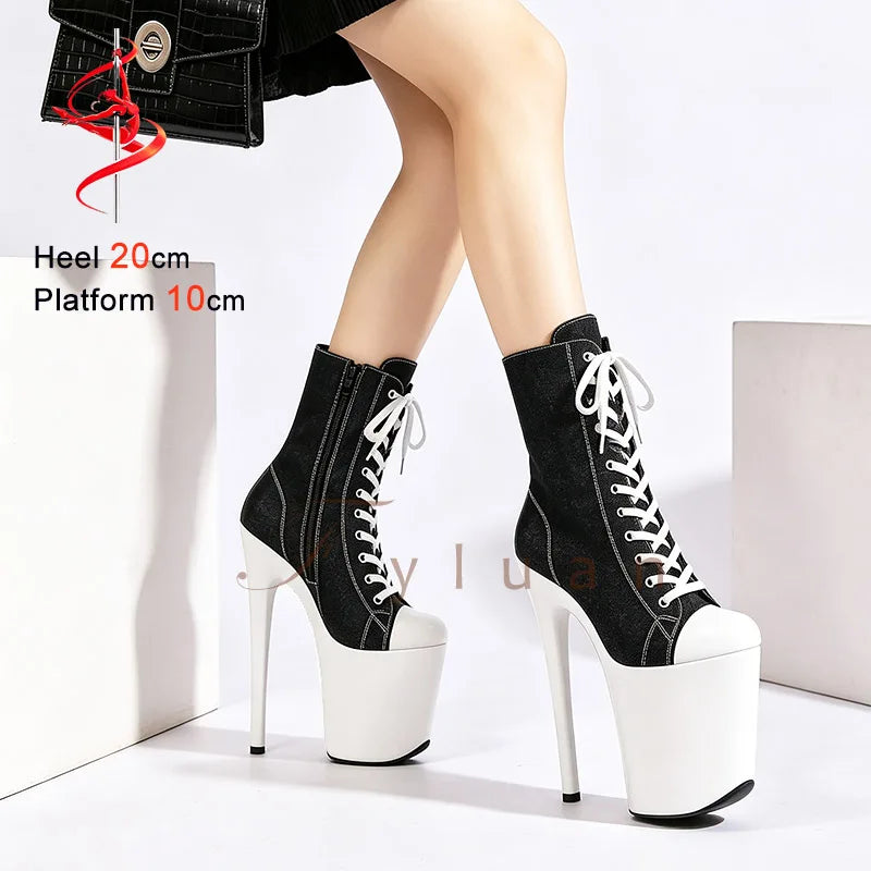 20CM/8Inch Extreme High Heel Platform Ankle Booties for Women Pole Dance Shoes Front Lace Up Black Denim Canvas Stiletto Boots