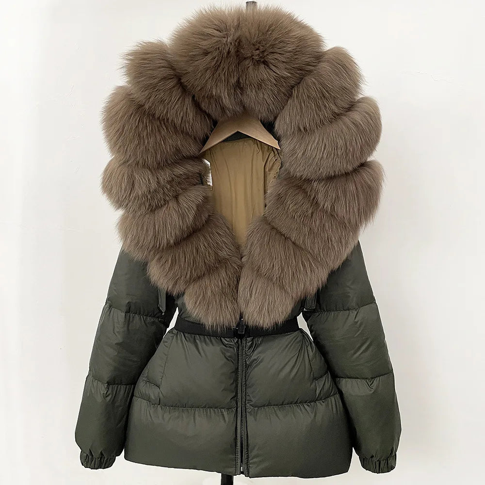 Hot Sale Women Luxury Black Down Jacket Waist‑Cinched Design High‑End Elegant Real Big Fox Fur Hooded Collar Winter Outerwear