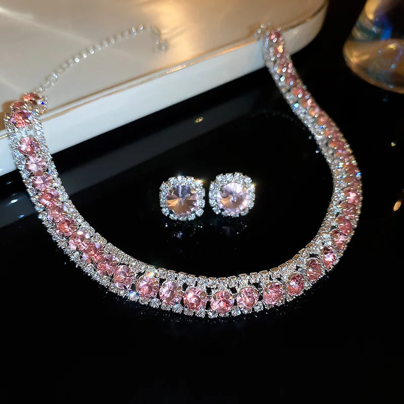 FYUAN Luxury Crystal Necklace Earrings Set Pink ABcolourful Necklace for Women Weddings Party Jewelry Sets Accessories