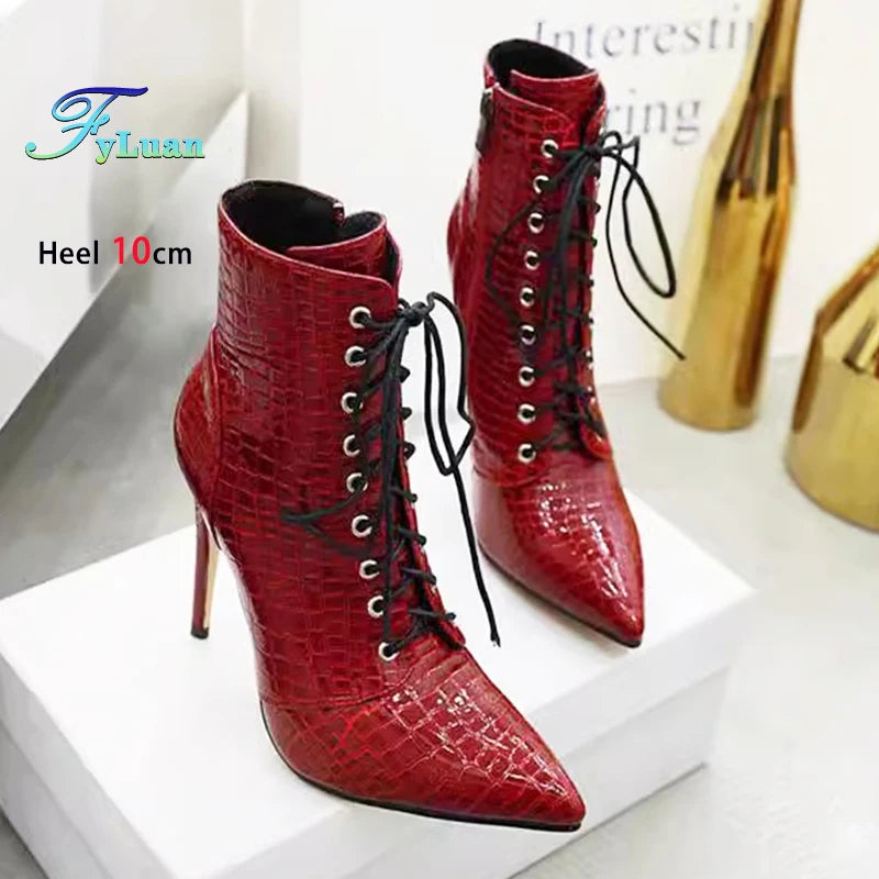 12CM Stiletto Heels Botas Mujer Fashion Pointed Lace-up Ankle Boots Roman Ladies Shoes Autumn Winter Women Emboss Short Booties