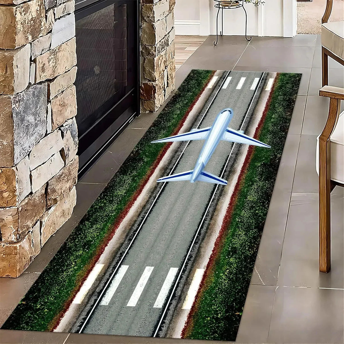 VIKAMA Airplane Runway Print Runner Rug, Non-Slip Black Airport Floor Mat for Kids Room, Hallway & Aviation Decor