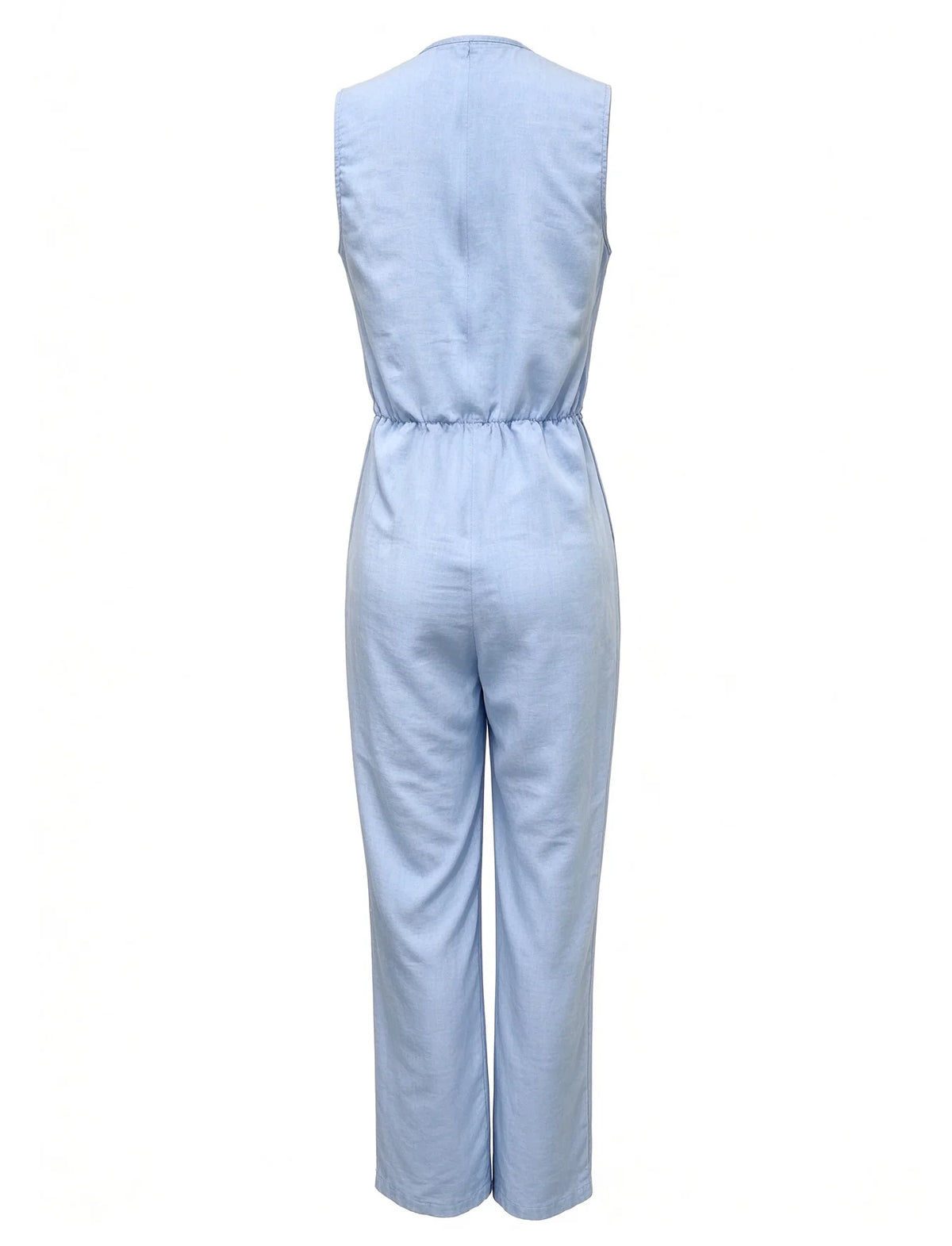 Fashion Light Blue Wide Leg Pants Jumpsuit Women's V-neck Sleeveless Cross Wrap Waist Design Rompers Summer Casual Jumpsuits