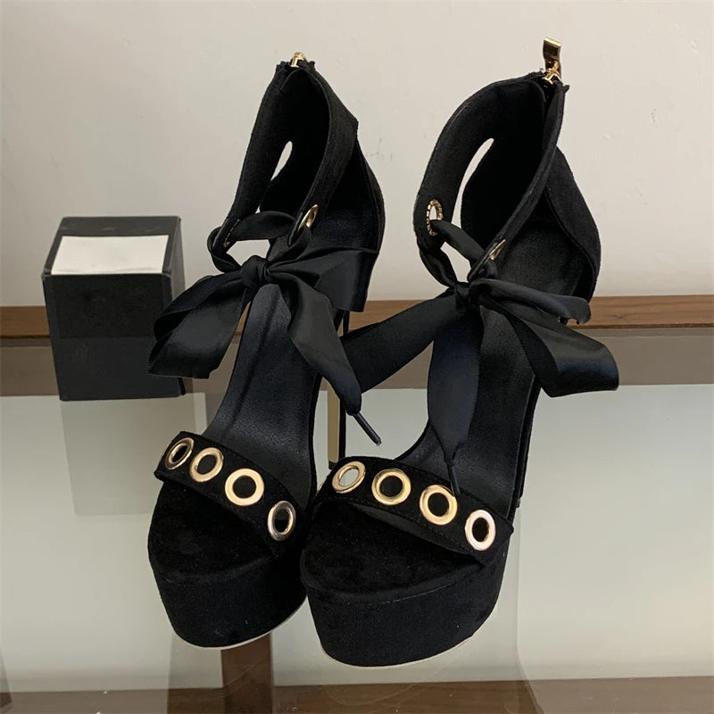 Eilyken New Fashion Hollow Out Lace-up Zipper Women Sandals Sexy Super Stiletto High Heels Carnival Striptease Shoes