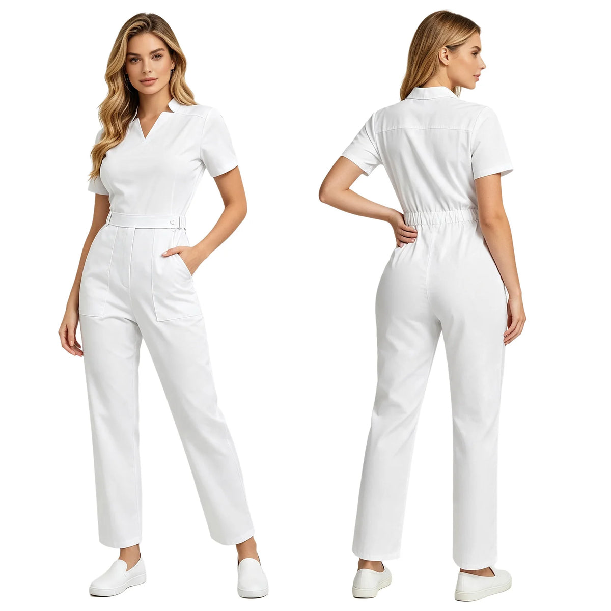 Womens Scrubs Jumpsuit Soft Stretch Medical Scrub Set with Pockets Front Zipper Elastic Waist Jogger Pants Nurse Doctor Workwear