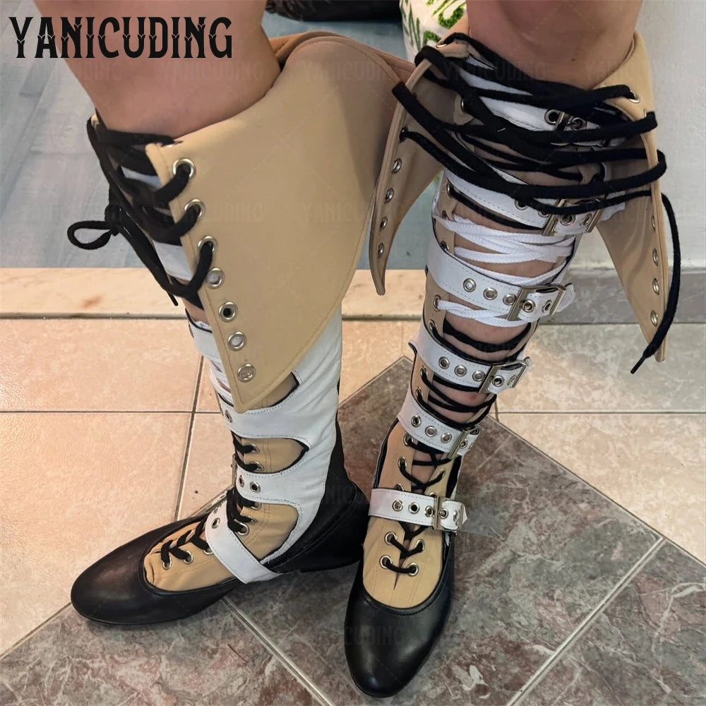 Lace up Buckle Boots Foldable Over-the-Knee Boots Elegant Style Round Toe Flat Boots Black Beige White Handmade Boots for Women