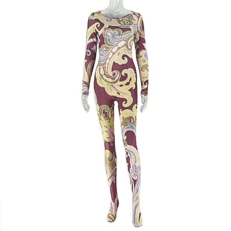 Women’s Paintings Print O-Neck Long Sleeve Zipper Jumpsuits