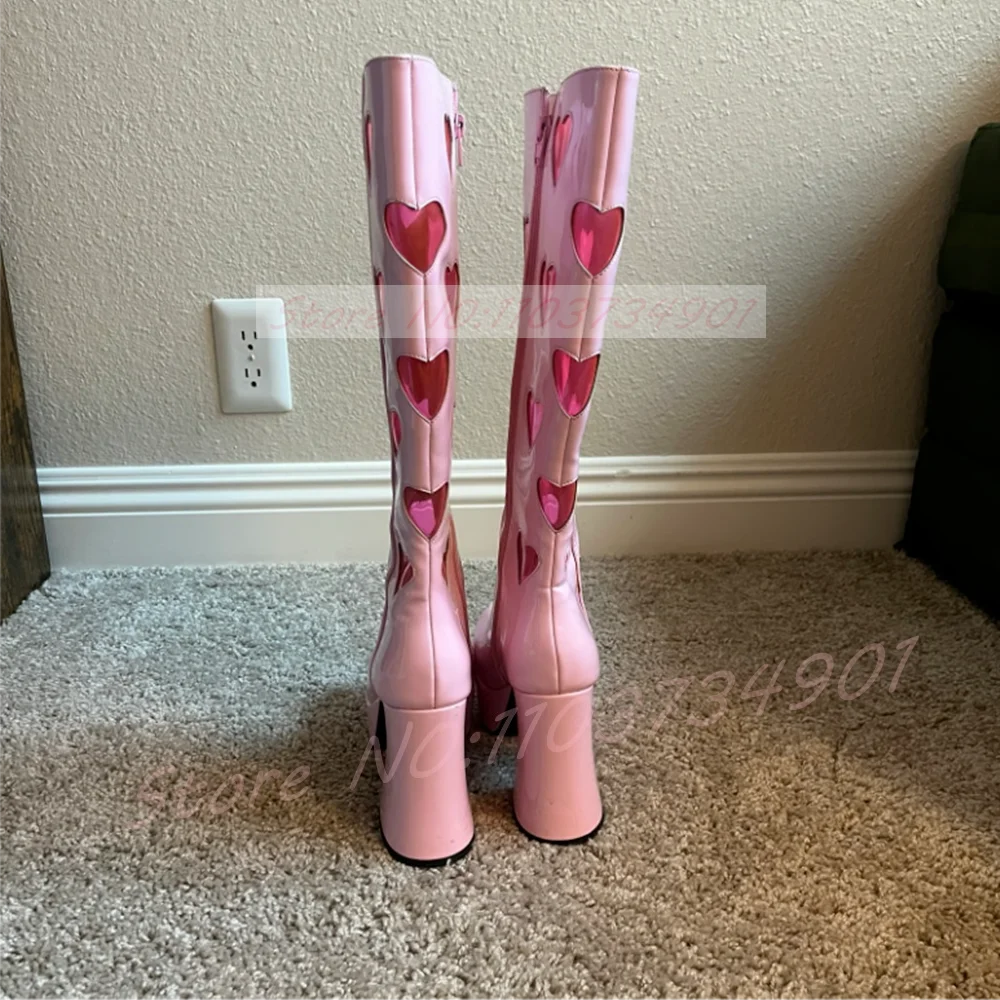 Cutout Heart Window Platform Knee High Boots Women Pink PVC Hollow Round Toe Block Heels Shoes Lady Y2K Street Fashion Boots