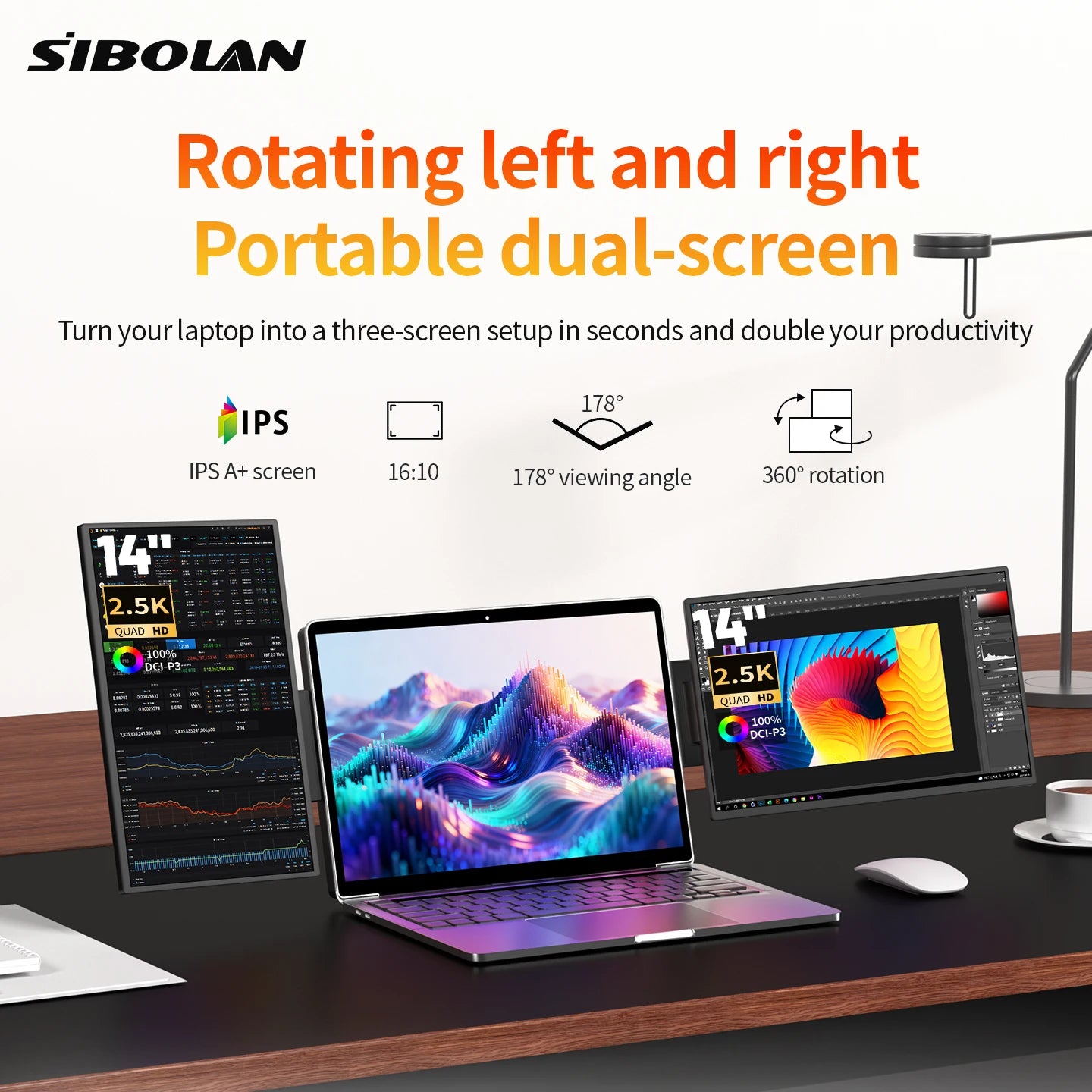 SIBOLAN 16" 2.5k Portable Dual Laptop Monitor 14" Optional 16:10 HDR 2560*1600P UHD Triple Folding Display for Laptop Windows