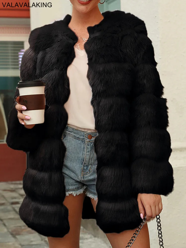 2026 Winter Long Sleeve Faux Fur Long Coat Women Elegant Pink Fluffy Outwear Jacket Lady Solid Casual Thick Warm Furry Outwear
