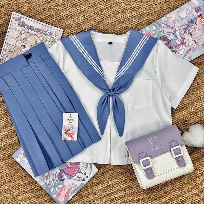 JK Genuine Blue Three-book Sailor Suit Uniform JK Basic College Style Orthodox School Uniform Short Long-sleeved Japanese Suit