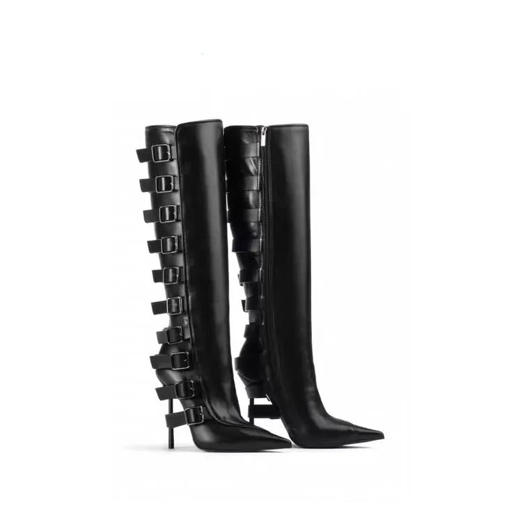 New Belt Buckle Stiletto High Heels Knee Length Boots Autumn/Winter Women's Fashion Pointed Party 34-46 Large Medium Boots