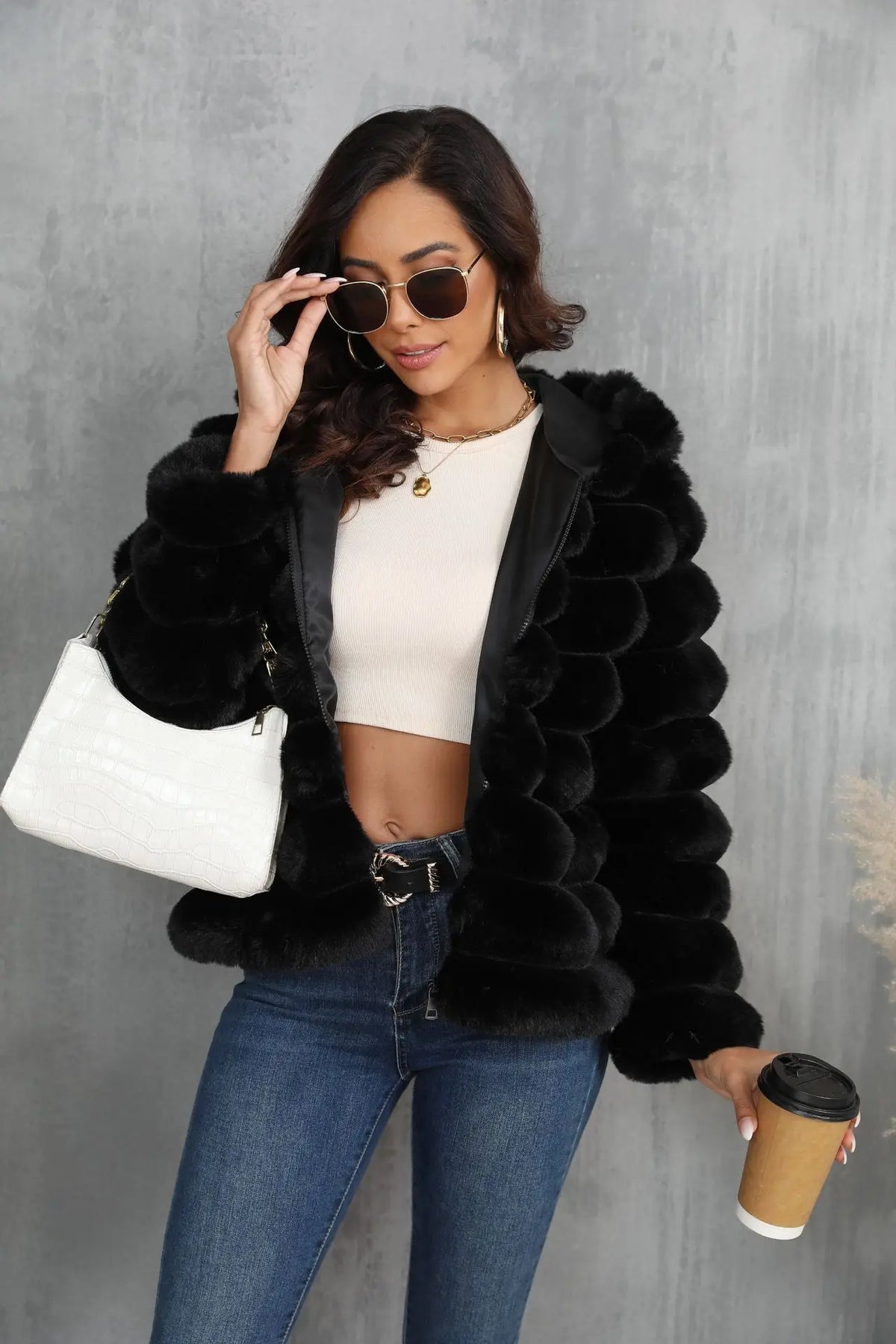 2026 Winter Hooded Plus Size Faux Fur Cropped Coat Women Furry Long Sleeve Plush Jacket Lady Large Fake Fur Warm Fluffy Cardigan