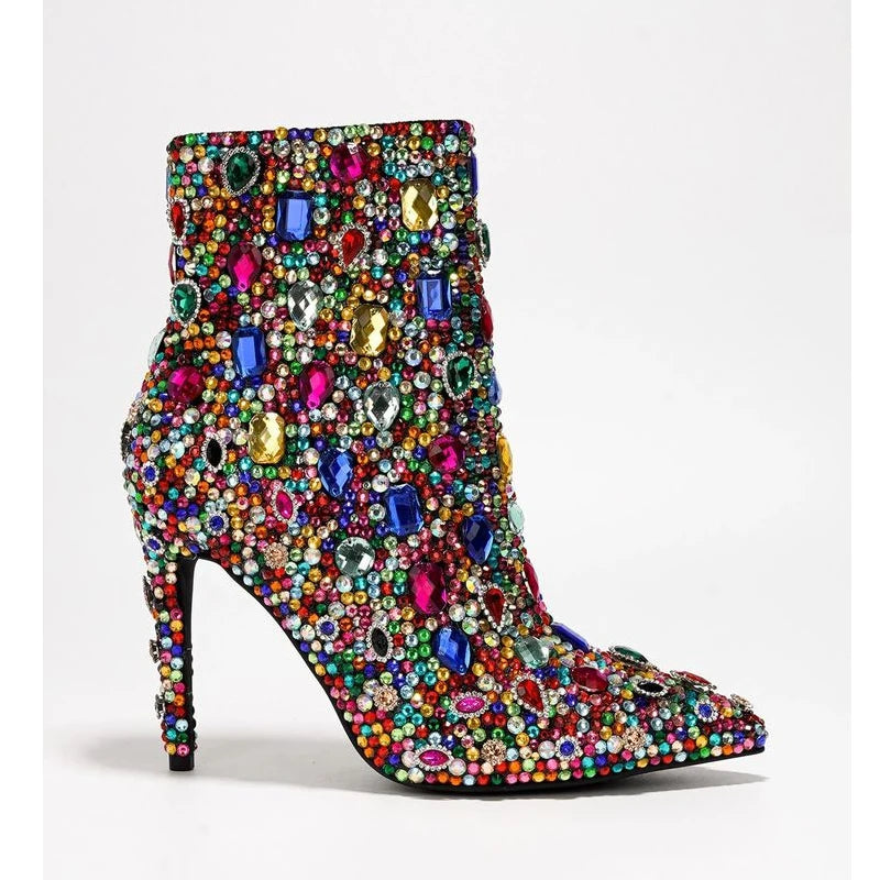 Multi-Color Rhinestone Pointed Toe Stiletto Ankle Boots Woman Winter 2026 Sparkly Crystal Side Zipper High Heel Dress Boots