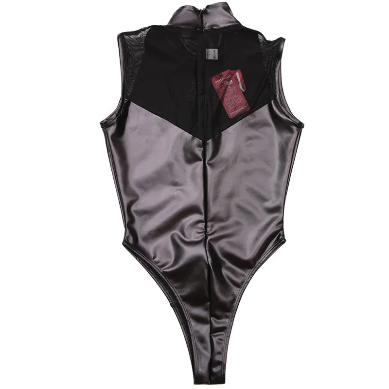 Women Sexy PU Leather Bodysuits Sleeveless Mesh Stitching Faux Latex Bodycon Jumpsuits Ladies Nightclub Cosplay Rompers Custom