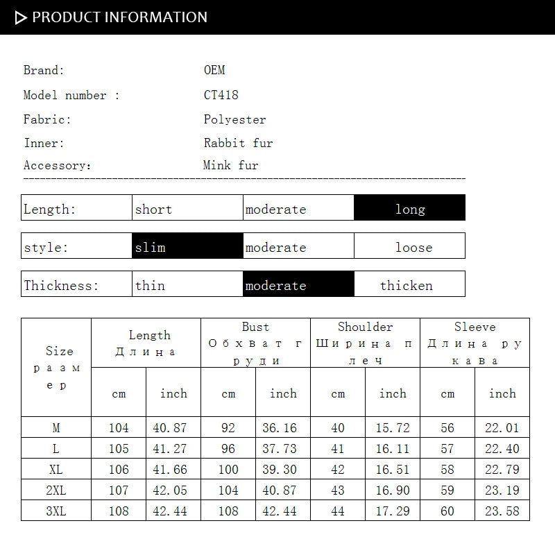 PUDI CT418 Women Mink Fur Collar Medium Long Jacket 2024 New Winter Fashion Rabbit Fur Warm Slim Coat
