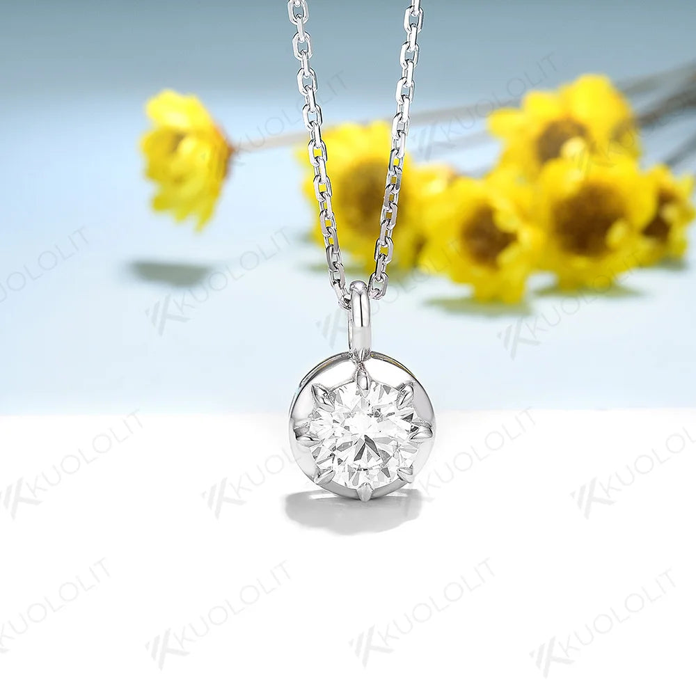 Kuololit 1CT Moissanite D/VS1 Necklaces for Women Solid 18K 14K 10K 925 Sliver Yellow Gold Round Pendant for Anniversary Custom