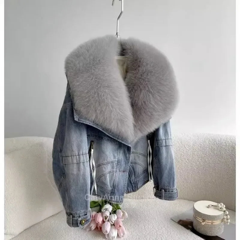 Winter Thickened Short Denim Jacket Fashion Parkas Jeans Jacket Luxury Fur Coat Removable Fur Collar Cotton Jacket New