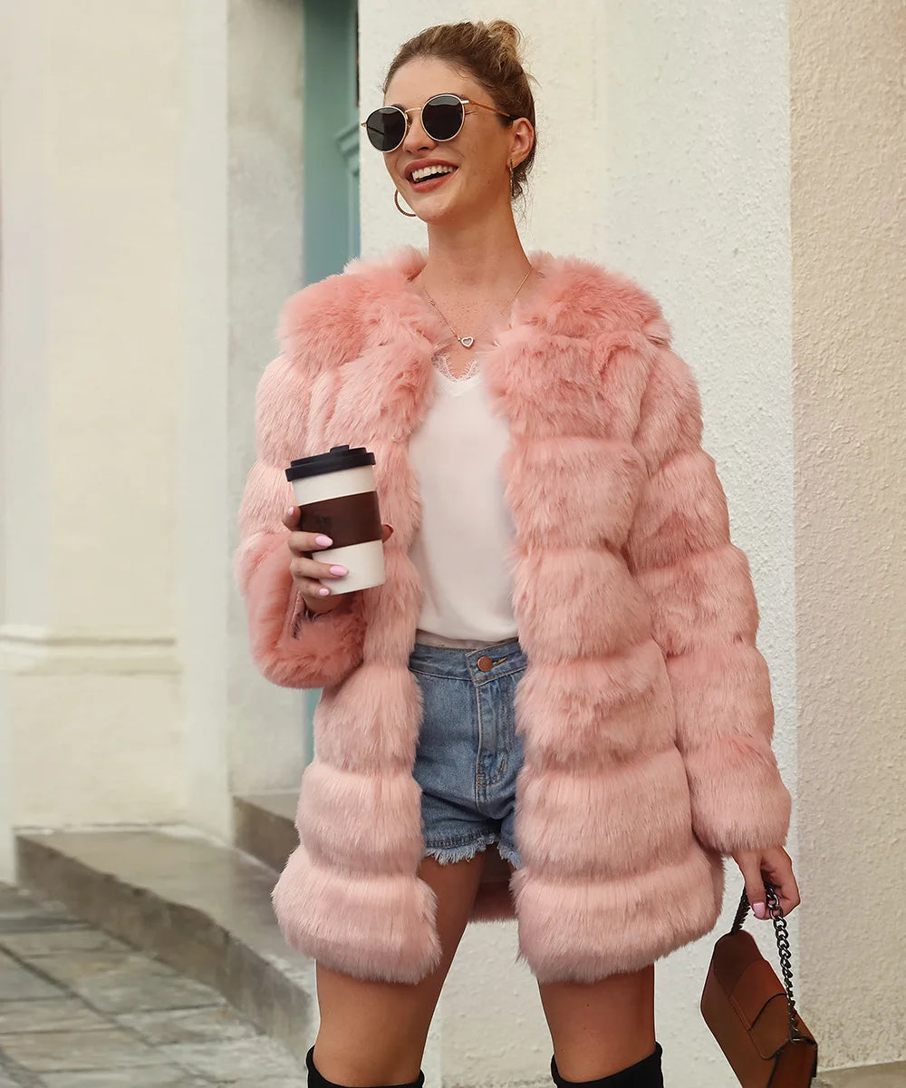 2026 Winter Long Sleeve Faux Fur Long Coat Women Elegant Pink Fluffy Outwear Jacket Lady Solid Casual Thick Warm Furry Outwear
