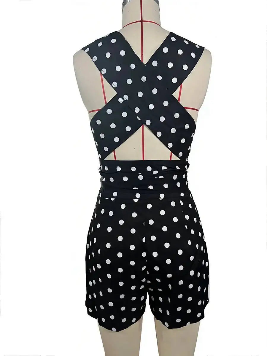 Women Halter Sleeveless Deep V Belted Polka Dot Fitted Romper Boho Spring Summer Vacation Beach Lightweight Breathable Romper