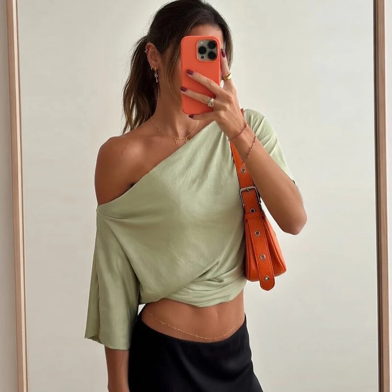 Solid One Shoulder T-shirt Women Tops 2026 Summer Short Sleeve Crop Top Off Shoulder T Shirts Party Basic Casual Y2k Tops Tees