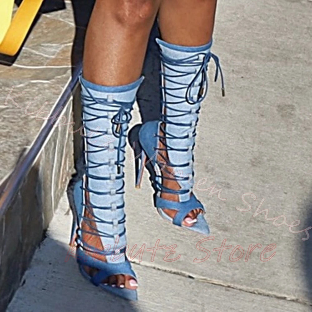 Knee High Gladiator Sandals Denim Leather Hollow Out Lace Up Open Toe Sexy Summer Leg Wrap Stiletto High Heels Fashion Shoes New