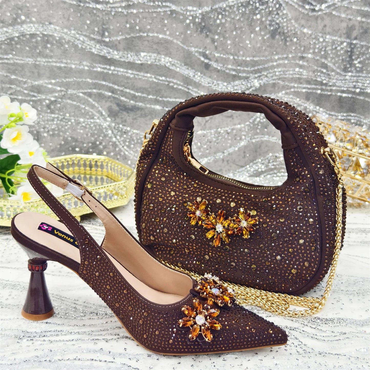 Venus Chan Olive-Green Pointed-Toe Women's High Heels Shoes and Bags for Party Rhinestone Evening Elegant Luxury Handbag