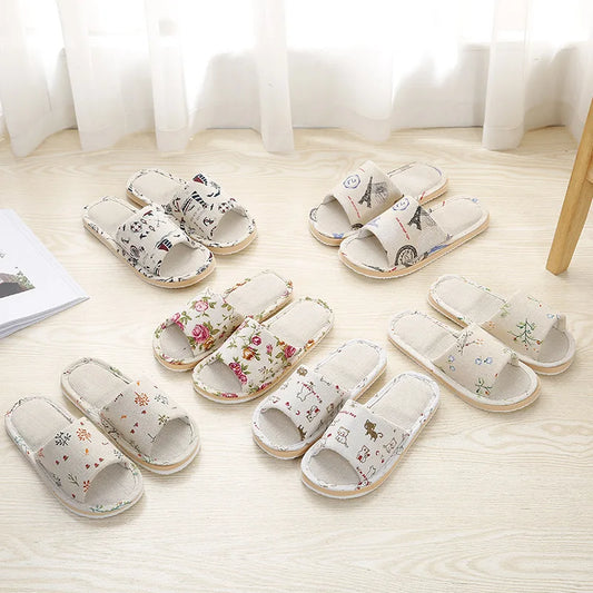 Four Season Linen Home Slippers Women Autumn Indoor Casual Floral Slides Couples House Non-slip Sandals Adults Cartoon Cat Shoes