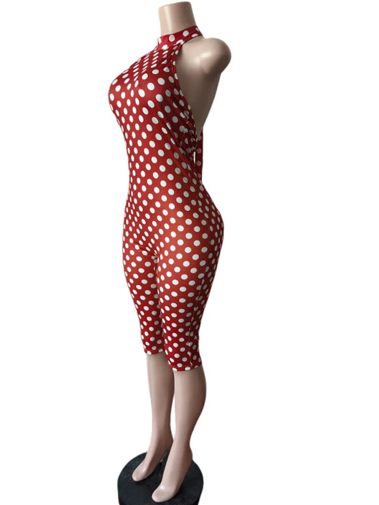 Beyprern Vintage Polka Dot Print Skinny One Piece Jumpsuit Women Sexy Halter Neck Sleeveless Bodycon Playsuit Elegant Streetwear