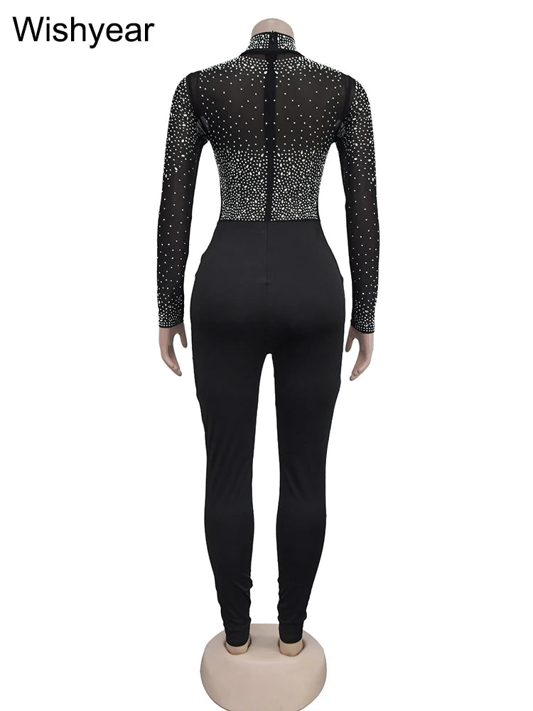 Wishyear Sexy Mesh See Through Rhinestone Black Jumpsuits Women One Piece Outfits Bodycon Long Sleeve Birthday Rompers Clubwear
