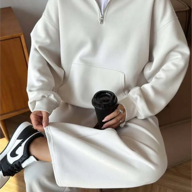 Women 2 Piece Tracksuit Solid Pocket Half Zip Sweatshirt And Jogger Pants Set Autumn Winter Pullover Casual Sports Outfits
