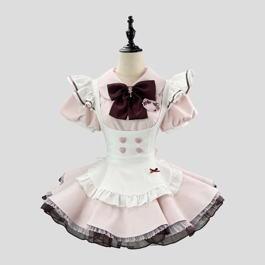 Pink Sweet Maid Lolita Full Set Ruffle Mini Dress With Apron Bow Headpiece Cosplay Costume For Halloween Party