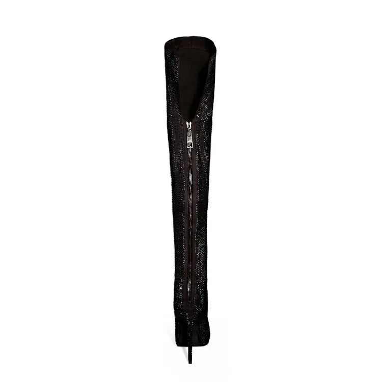 Silver Black Rhinestone 12cm High Heel Long Boots New Fashion Show Shiny Diamond Pointed Women's Over The Knee Boots Size 34-46