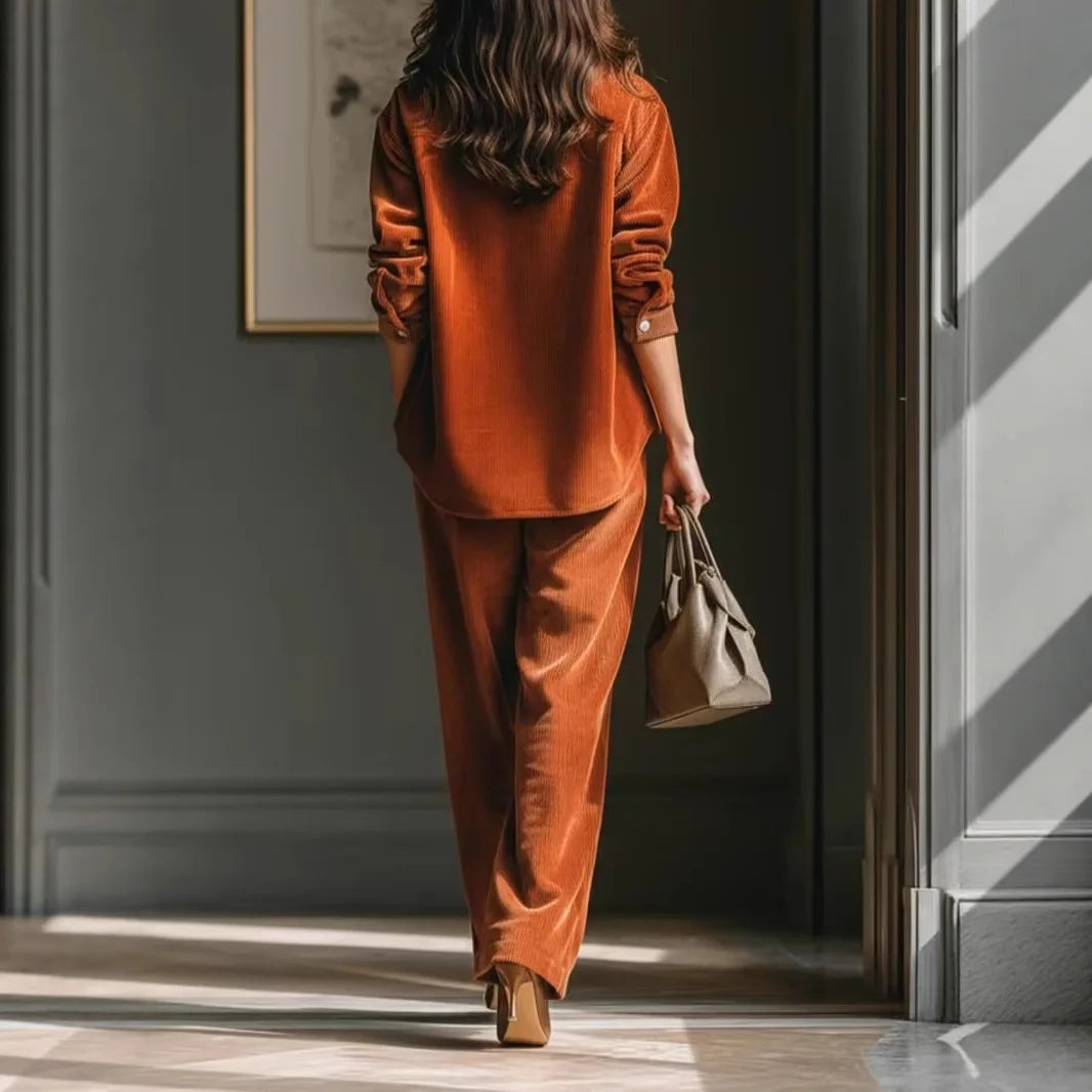 Retro Corduroy Shirt and Wide Leg Pants Matching Set, Autumn Winter Casual Blouse Top and Trousers Jumpsuit