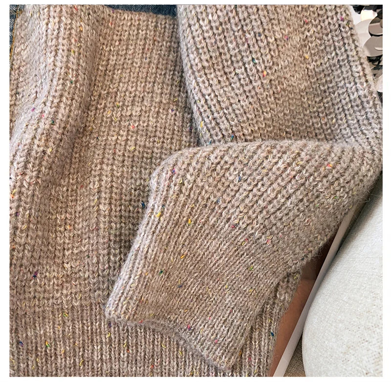 Fat mm200 Pounds Vintage Denim Patchwork Sweater Coat ins Fashion Woman 2024 Autumn and Winter Thickened Loose Niche Cardigan