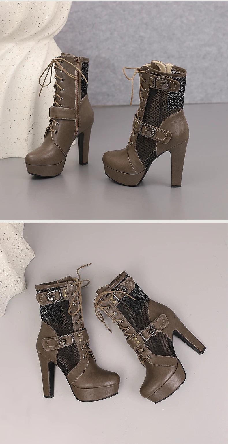 Plus Size Hollowed Out Mesh Patchwork PU Cross Tie Side Zipper Summer Cool Mid-Calf Boots Platform Ultra-High Thick Heel Boots