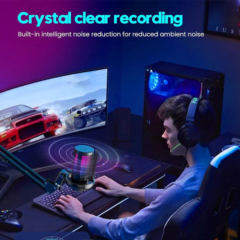 USB Condenser Gaming Microphone Kit,Cardioid Mic with Adjustable Boom ArmRGB Light,Plug‑Play for PC PS4 PS5 Streaming Podcast