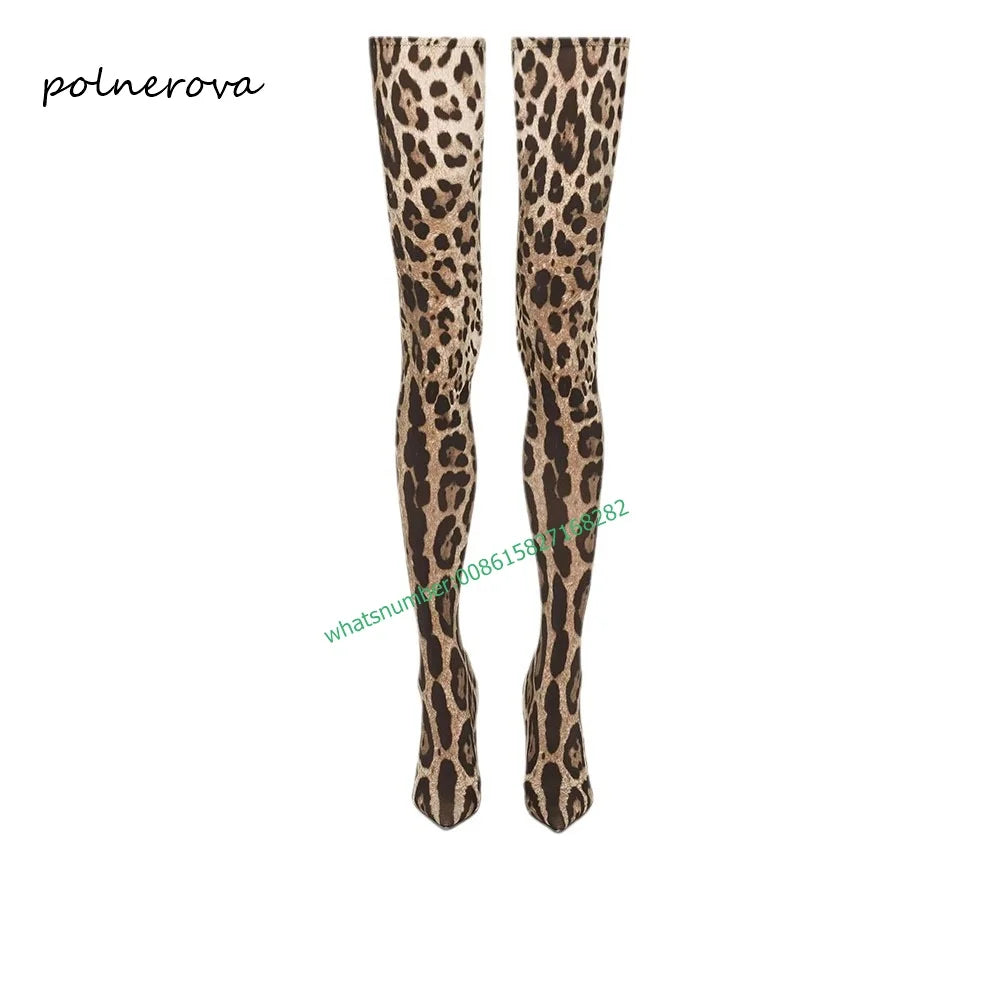Leopard Over The Knee Boots Tight Fitting Pointy Thin Heels Slip-On Sexy Runway Show Fashion Party Pubs Shoes for Women Newest