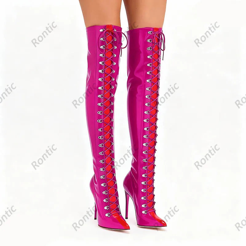 Rontic Custom Crafted Blue Thigh High Boots Stiletto Heel Design Red Detail Laces Pointed Toe Patent Leather Artisan Size 5-15