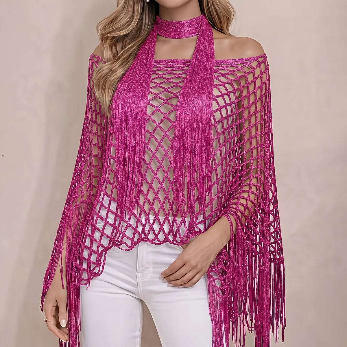 2pcs Women's Fashionable Hollow-Out Sun Protection Shawl and Scarf Set,Tassel Pullover Beachwear, Parties,Vacations Holida