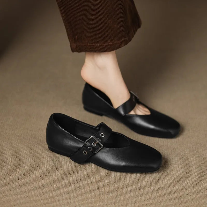 DIMANYU Flat Shoes Women’s 2026 New Buckle Mary Jane Female Shoes Genuine Leather Large Size Ballet Women Loafers