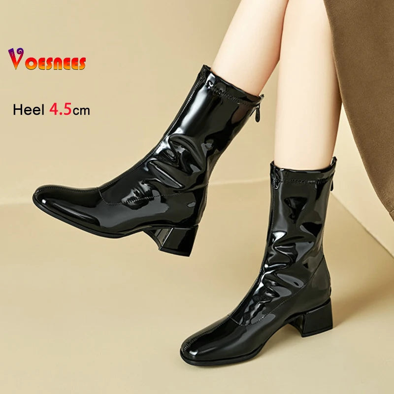 Black Thick Heel Short Boots For Women 4.5CM Fashion Back Zipper Autumn Winter Woman Shoes Square Toe Leisure Daily Ankle Boots