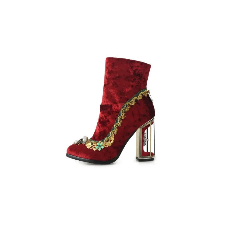Royal Gemstone Jeweled Flower Velvet Ankle Boots Floral Crystal Cage Fretwork High Heels Blue Red Black Woman Bridal Booties