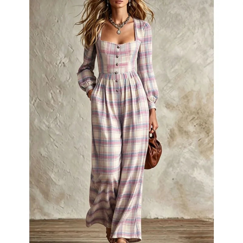 Retro Plaid Print Jumpsuit Square Neck Long Sleeve Jumpsuit Autumn New Waist Single Breasted Pocket Wide Leg Female Rompers 2026